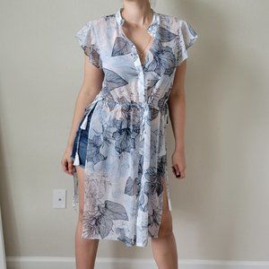 White & Blue Floral Sheer Tunic Top